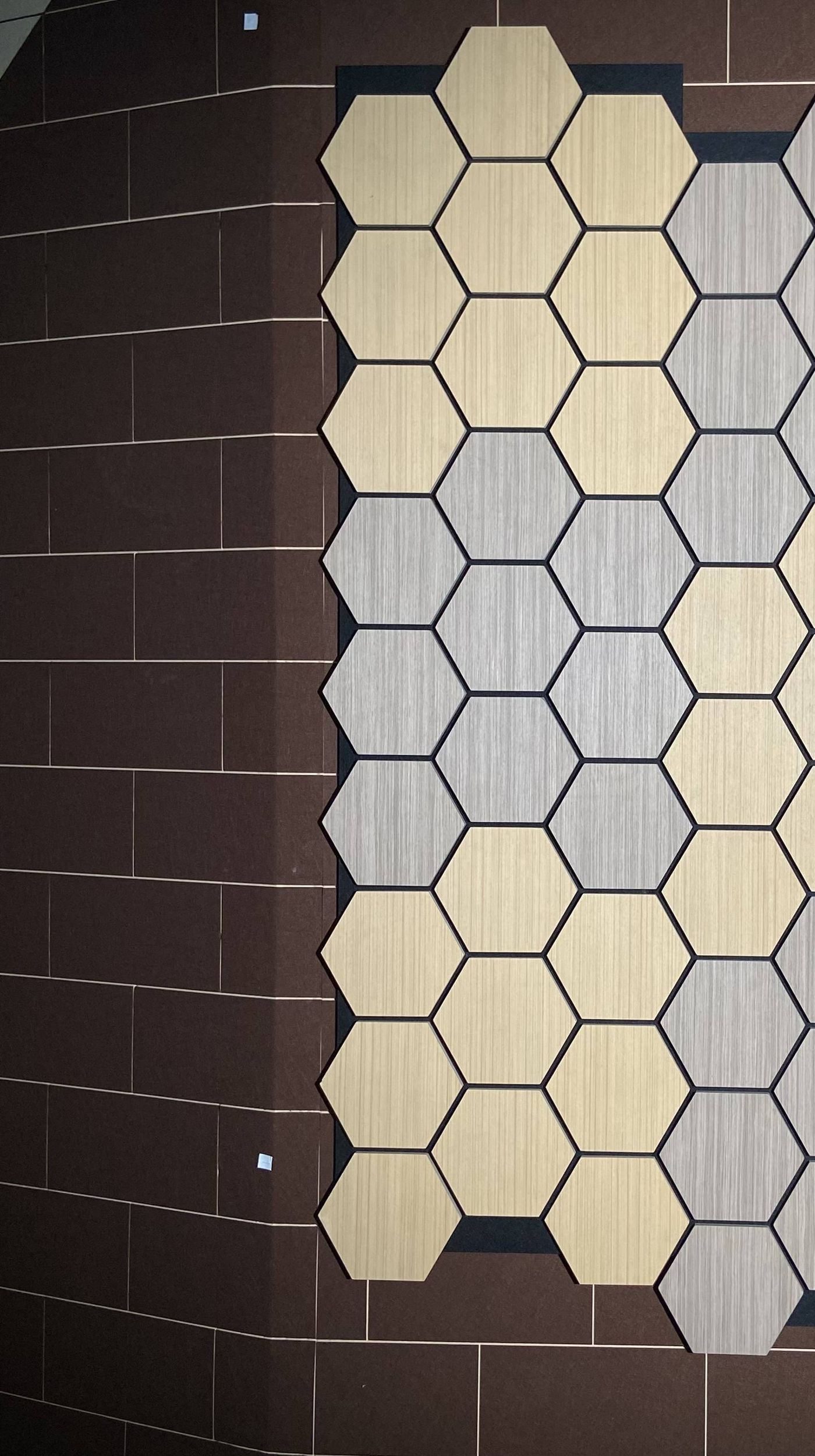 Muro de exposición con paneles hexagonales de madera en varios tonos
