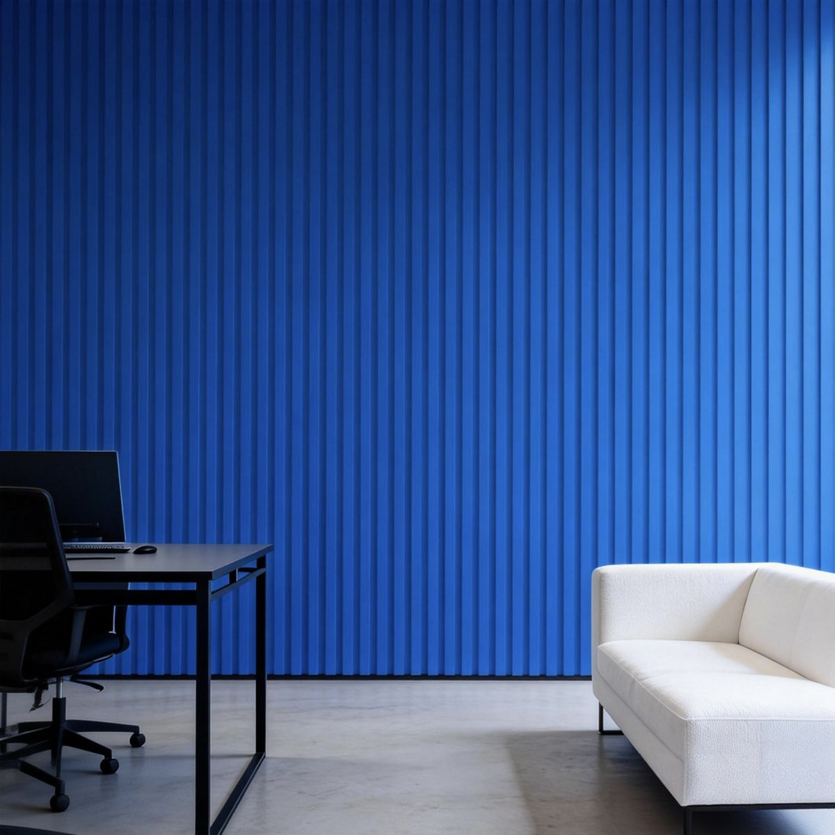 Pared de listón PET azul en una oficina (render)
