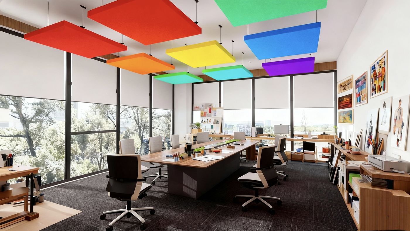 Islas acústicas de colores suspendidas sobre una oficina (render)